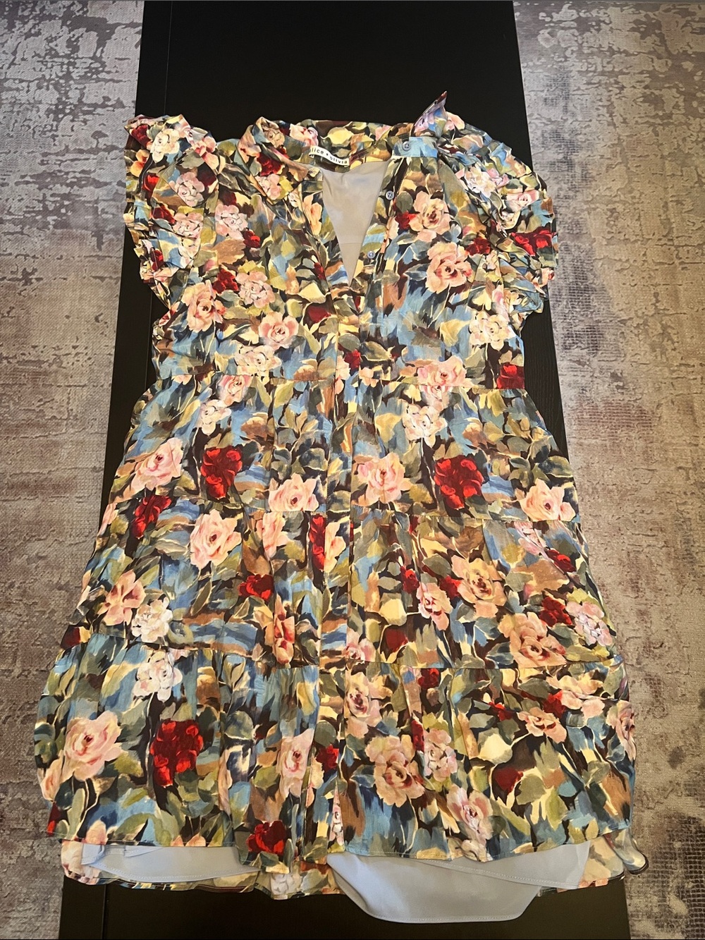 Alice + Olivia Blue Floral Dress with Pink & Red Roses